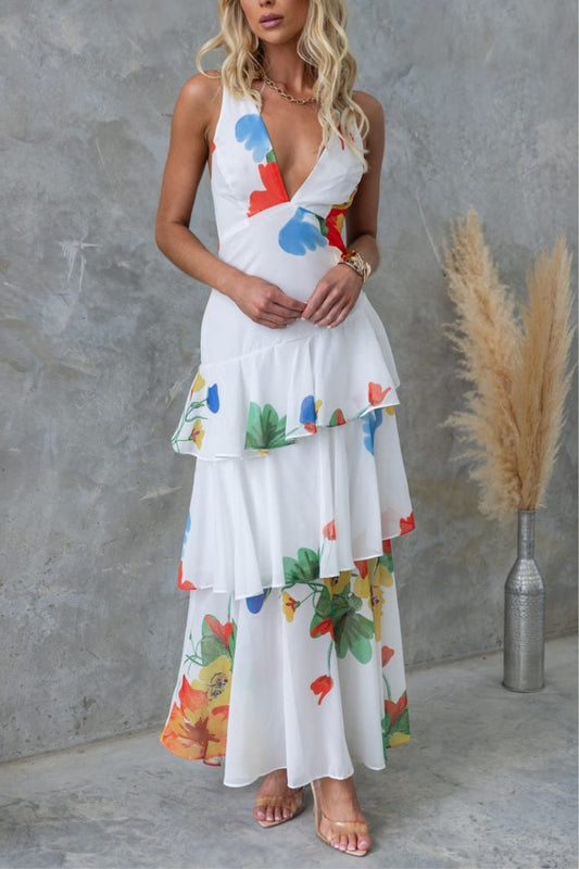 LB | ODŚWIEŻAJĄCA SUKIENKA MAXI W KWIATOWY PRINT, SZNUROWANA Z TYŁU, Z FALBANĄ U DOŁU