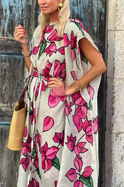 LB | Floral Print Dolman Sleeve with Belt Luźna sukienka maxi