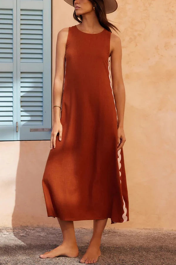 LB | Vacation Villa Side Ric Rac Wave Trim Slit Luźna sukienka maxi