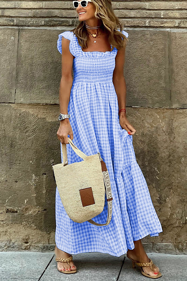 LB | Singing Solo Multi Plaid Maxi Dress z marszczoną górą