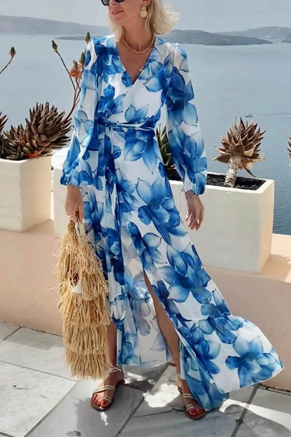 LB | Island Girl Floral Print V-Neck Long Sleeve Tie Slit Holiday Maxi Dress