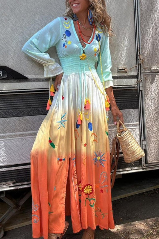 LB | Gigi Unique Pattern Gradient Print Smocked Elastyczna sukienka maxi z frędzlami w talii