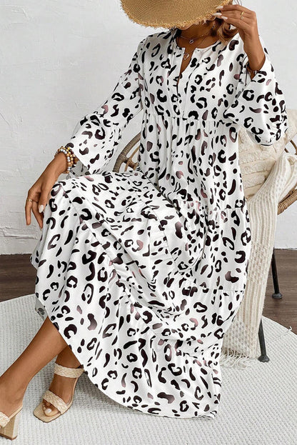 LB | White Leopard Print Notch V Neckline Loose Fit Maxi Dress