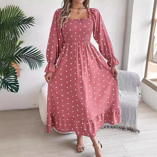 AS | Casual Square Collar Polka Dot Swing Dress s dřevěnýma ušima
