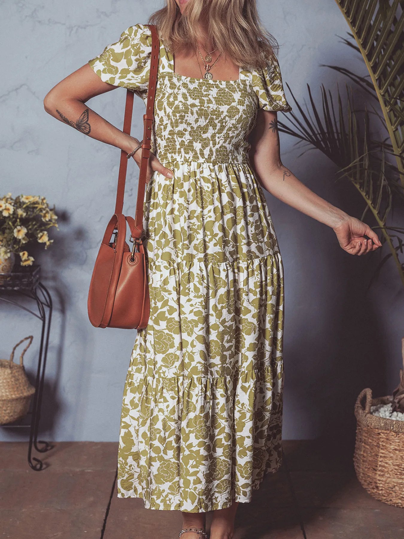 AS | Boho květinové čtvercové výstřih Smocked Bust Puff Sleeve Tiered šaty