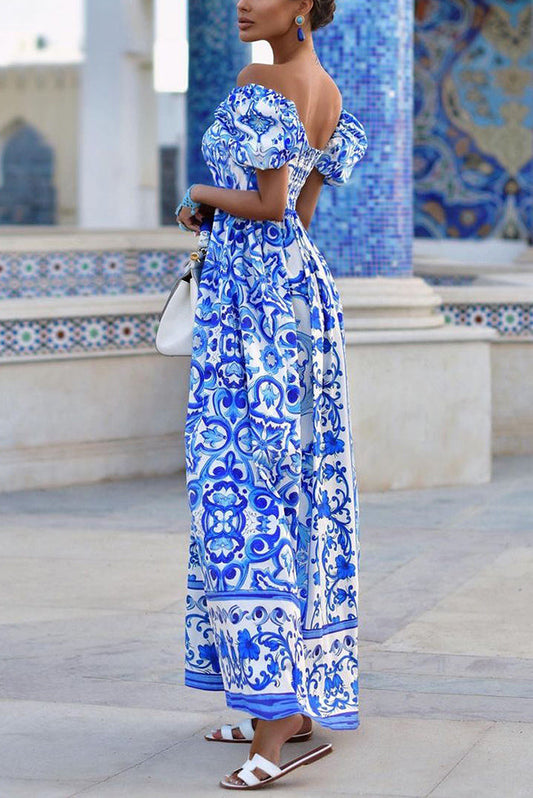 LB | Enjoy The Adventure Printed off-the-shoulder maxi dress z bufiastymi rękawami