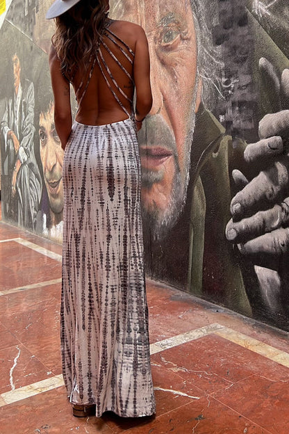 LB | Modern Day Tie-dye Print Back Lace-up Stretch Maxi Dress