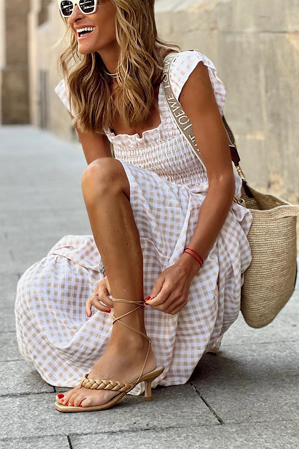LB | Singing Solo Multi Plaid Maxi Dress z marszczoną górą
