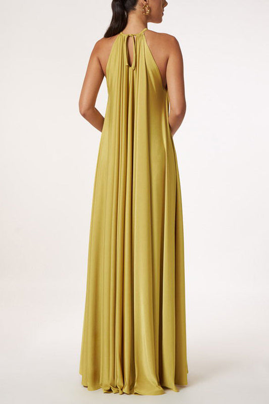 LB | Greek Goddess Unmistakable Golden Halter Neck A-line Maxi Dress