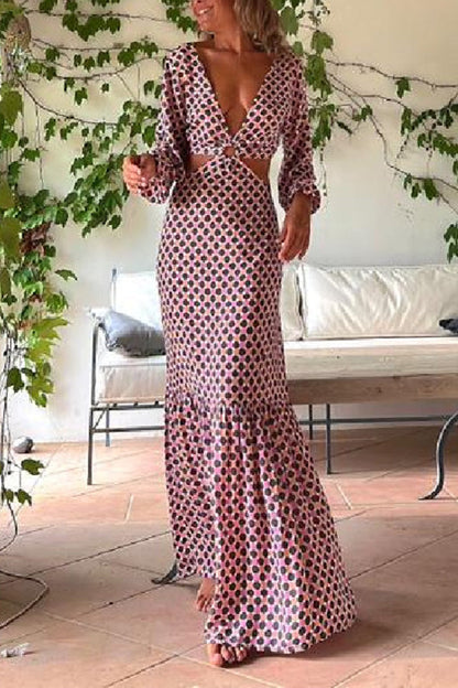 LB | Serene Dreams Printed Side Neckline Elastyczna sukienka maxi w talii