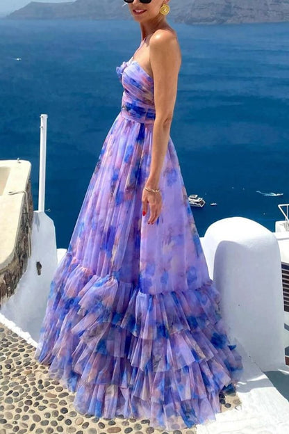 LB | Dreamy Clouds Tulle Printed Rose Detail Neckline Ruffle Striped Halter Maxi Dress