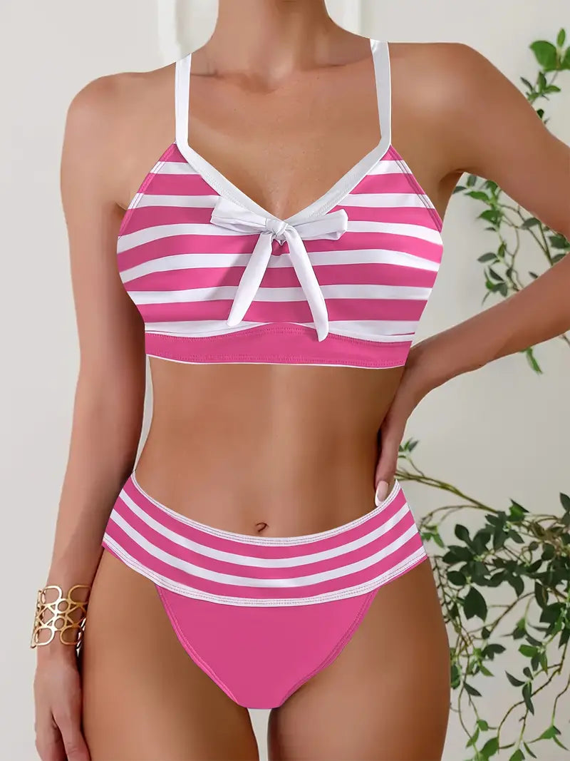 LB | Seksowne bikini w paski z kokardką w dekolcie V