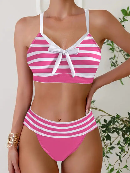 LB | Seksowne bikini w paski z kokardką w dekolcie V
