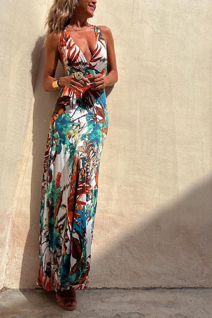 LB | RAINFOREST PARADISE TROPICAL PRINT DEKOLT W SZPIC Z TYŁU ELASTYCZNA SUKIENKA MAXI