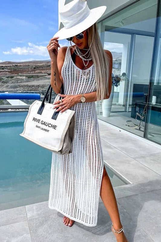 LB | Deserted Island Crochet Knit Cross Back Cover Up Maxi Dress