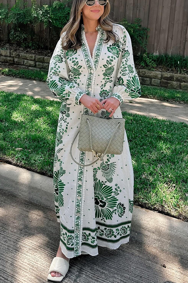 LB | Unique Print Button Down Long Sleeve Shirt Maxi Dress