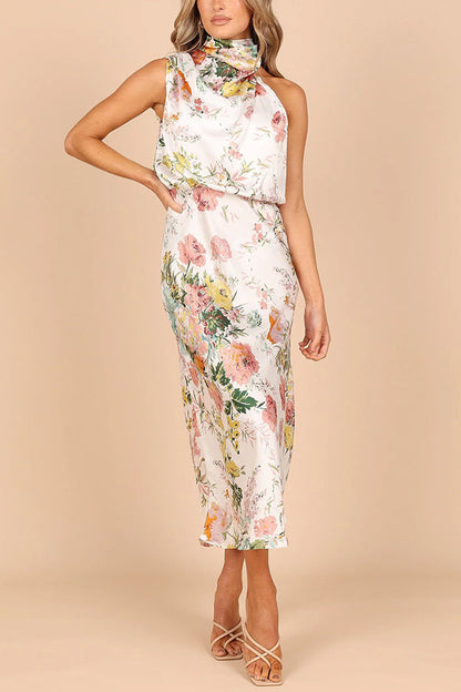 LB | Wine Country Dates Floral Halter Neck Elastyczna sukienka maxi w talii