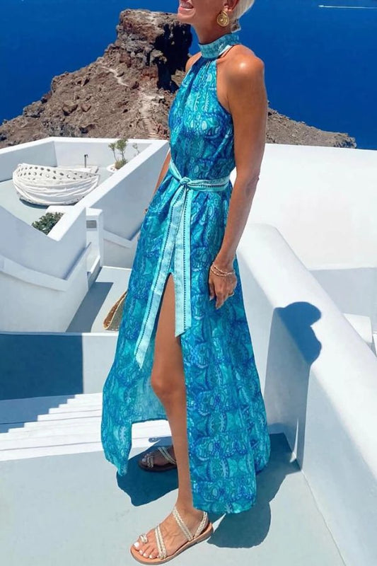 LB | Bohemian Unique Print Rozcięcie w pasie Sukienka Maxi z wysokim kołnierzem
