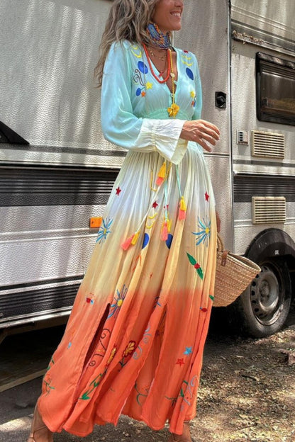 LB | Gigi Unique Pattern Gradient Print Smocked Elastyczna sukienka maxi z frędzlami w talii