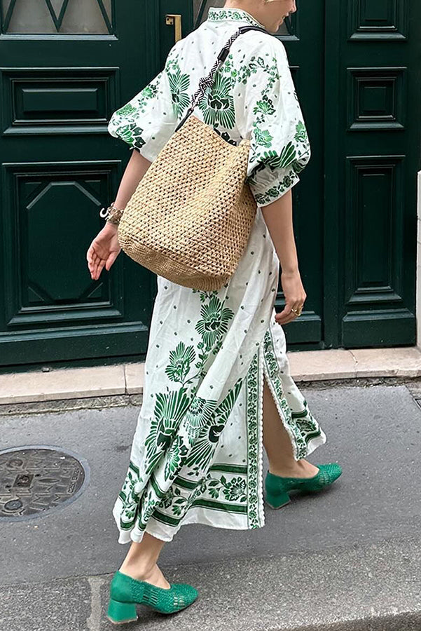 LB | Unique Print Button Down Long Sleeve Shirt Maxi Dress