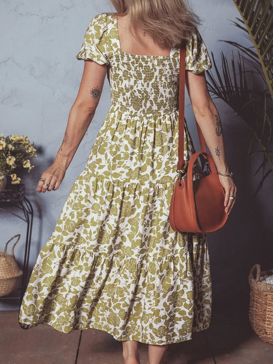 AS | Boho květinové čtvercové výstřih Smocked Bust Puff Sleeve Tiered šaty