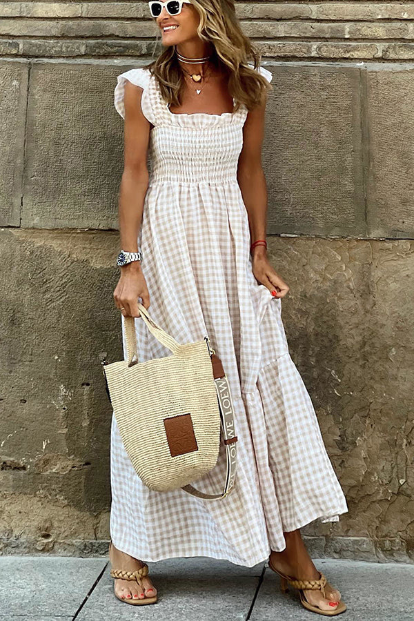 LB | Singing Solo Multi Plaid Maxi Dress z marszczoną górą