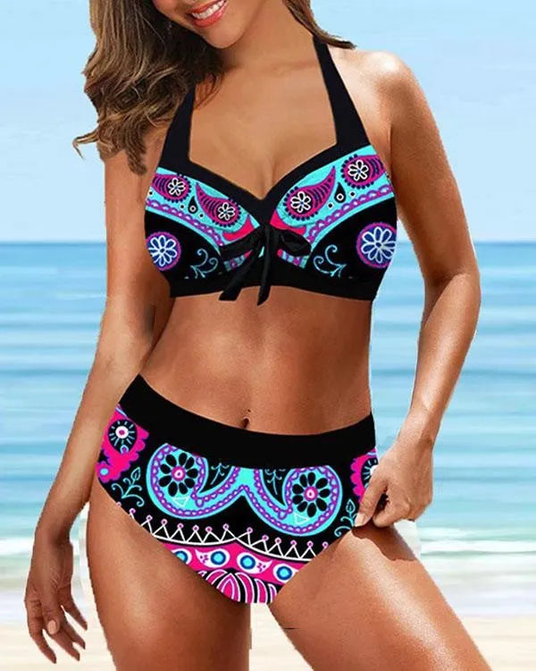 LB | Plus Size Vintage Floral Print Lace Up Halter V-Neck Sexy Bikini Set