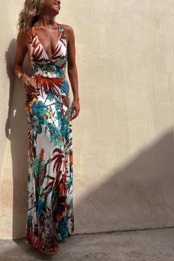 LB | RAINFOREST PARADISE TROPICAL PRINT DEKOLT W SZPIC Z TYŁU ELASTYCZNA SUKIENKA MAXI