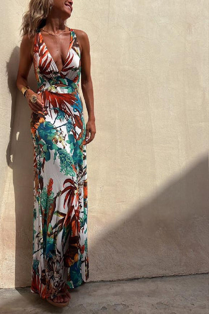 LB | RAINFOREST PARADISE TROPICAL PRINT DEKOLT W SZPIC Z TYŁU ELASTYCZNA SUKIENKA MAXI