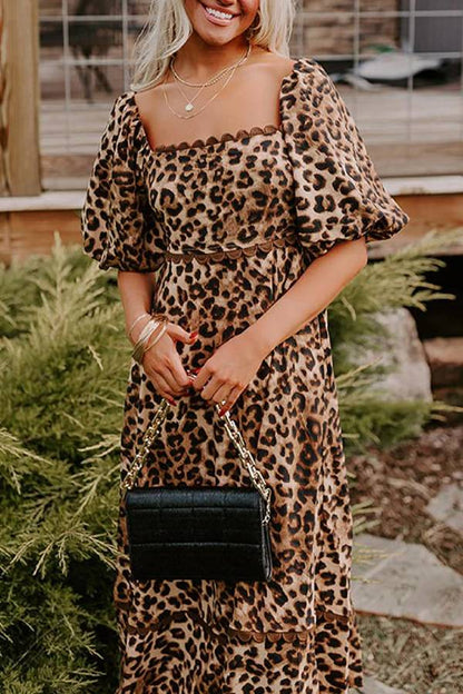 LB | Brown Leopard Print Puff Sleeve Ricrac Maxi Dress