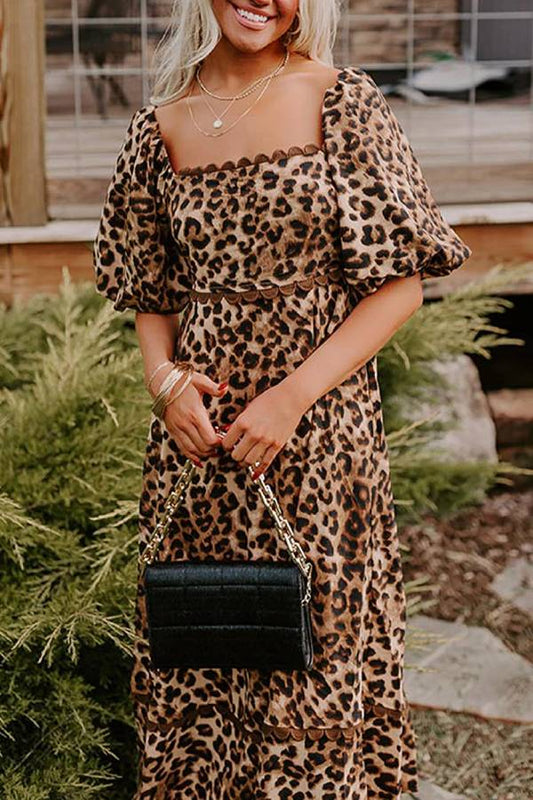 LB | Brown Leopard Print Puff Sleeve Ricrac Maxi Dress
