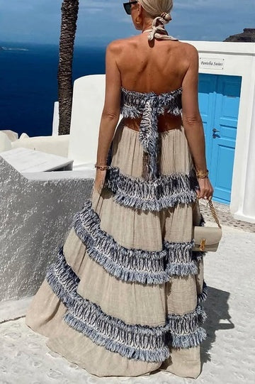 LB | Ultimate Island Linen Blend Fringed Patchwork Neckline Halter Maxi Dress
