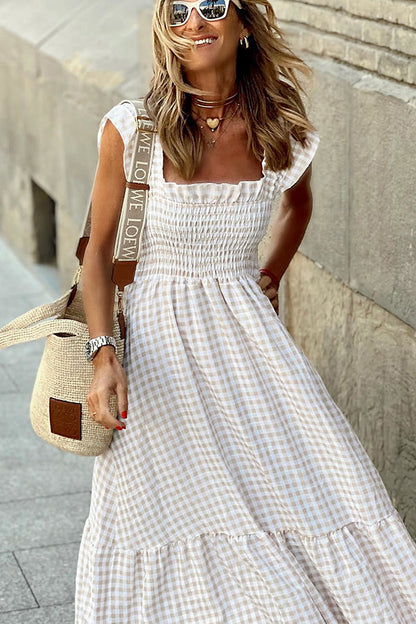 LB | Singing Solo Multi Plaid Maxi Dress z marszczoną górą