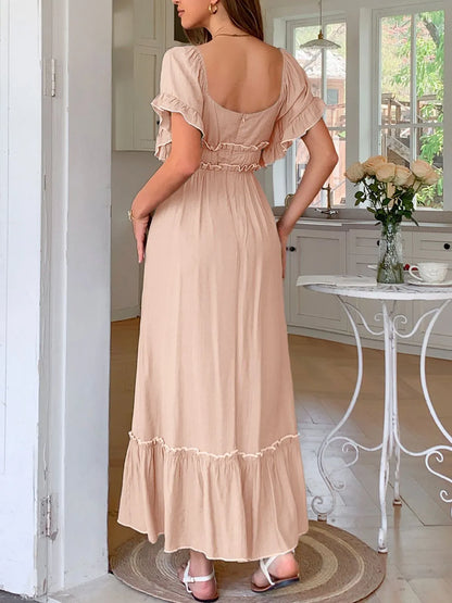 AS | Čtvercový výstřih Puff rukávy Frill trim Maxi šaty