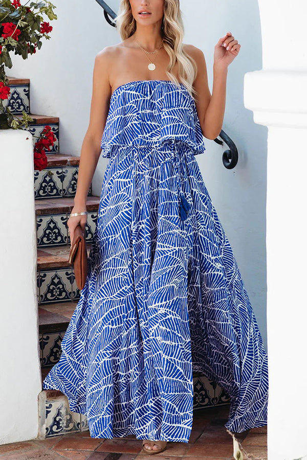 LB | Summer Picnic Printed Elastyczna sukienka maxi bez ramiączek w talii