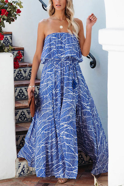 LB | Summer Picnic Printed Elastyczna sukienka maxi bez ramiączek w talii