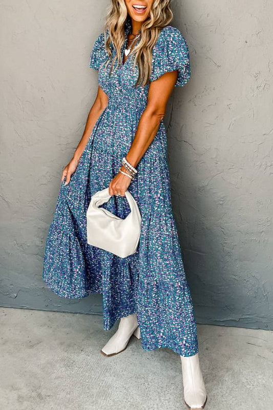 LB | Blue Abstract Print Split V-Neck Shirred High Waist Maxi Dress