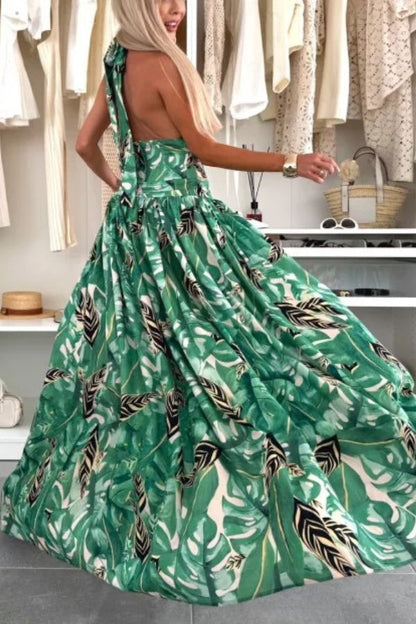 LB | Amazon Scenery Unique Print Tie-up Neckline Waist Ring Halter Slit Maxi Dress
