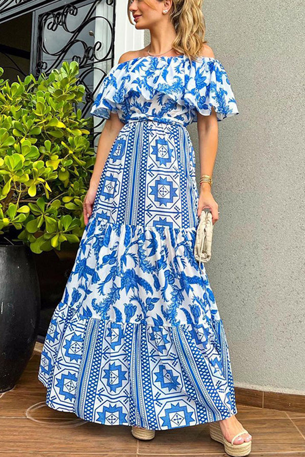LB | Irene Bohemian Print Off The Shoulder Belted Ruffle Maxi Dress