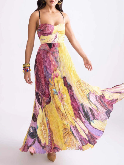 LB | Spaghetti Straps Waisted Floral Print Swing Maxi Dress