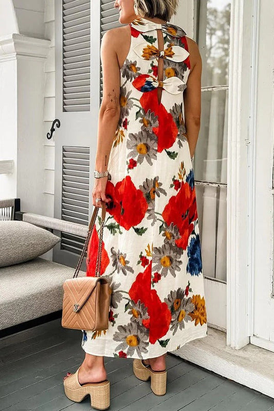 LB | Crimson Poppy Linen Blend Plecy Eleganckie kokardki Luźna sukienka maxi
