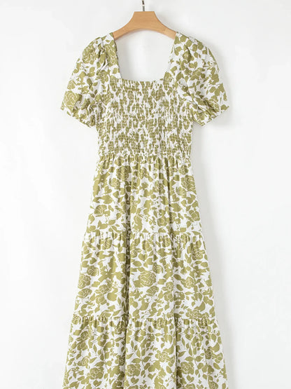 AS | Boho květinové čtvercové výstřih Smocked Bust Puff Sleeve Tiered šaty