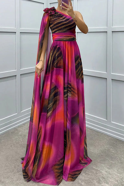 LB | Lucia Unique Print Floral Detail One Shoulder Draped Sleeve Dress Maxi Dress