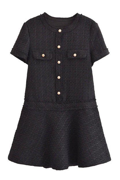 LB | 1960s London Girl tweedowa teksturowana sukienka mini ze złotymi guzikami z krótkim rękawem i kieszenią