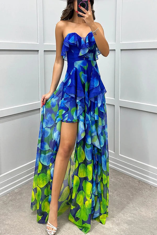 LB | Loving Moment Gradient Unikalny nadruk Płynna warstwowa sukienka maxi bez ramiączek z rozcięciem