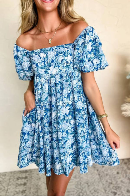 LB | Niebieska kwiatowa sukienka mini babydoll z bufiastymi rękawami