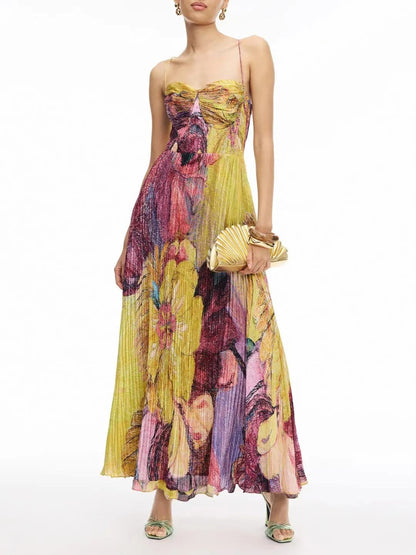 LB | Spaghetti Straps Waisted Floral Print Swing Maxi Dress
