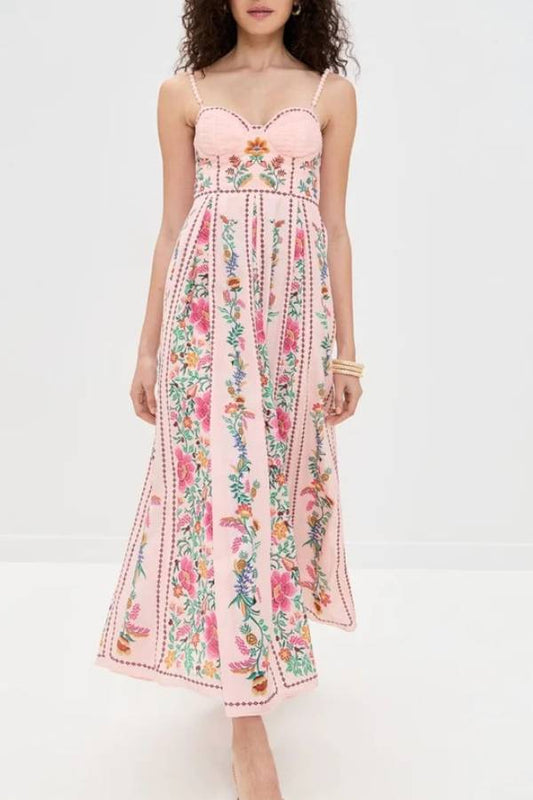 LB | Delicate Forest Unique Print Sweetheart Neck Beaded Straps Maxi Dress