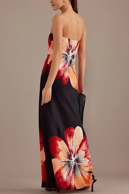 LB | Charming Lady Satin Floral Print Bandeau Luźna sukienka maxi