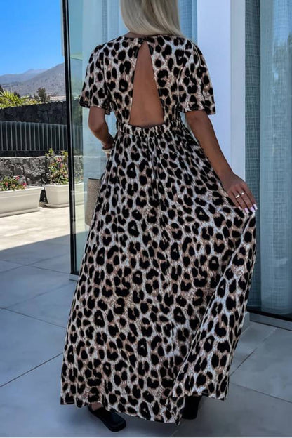 LB | Khaki Leopard V-Neck Cinched High Waist Open Back Maxi Dress